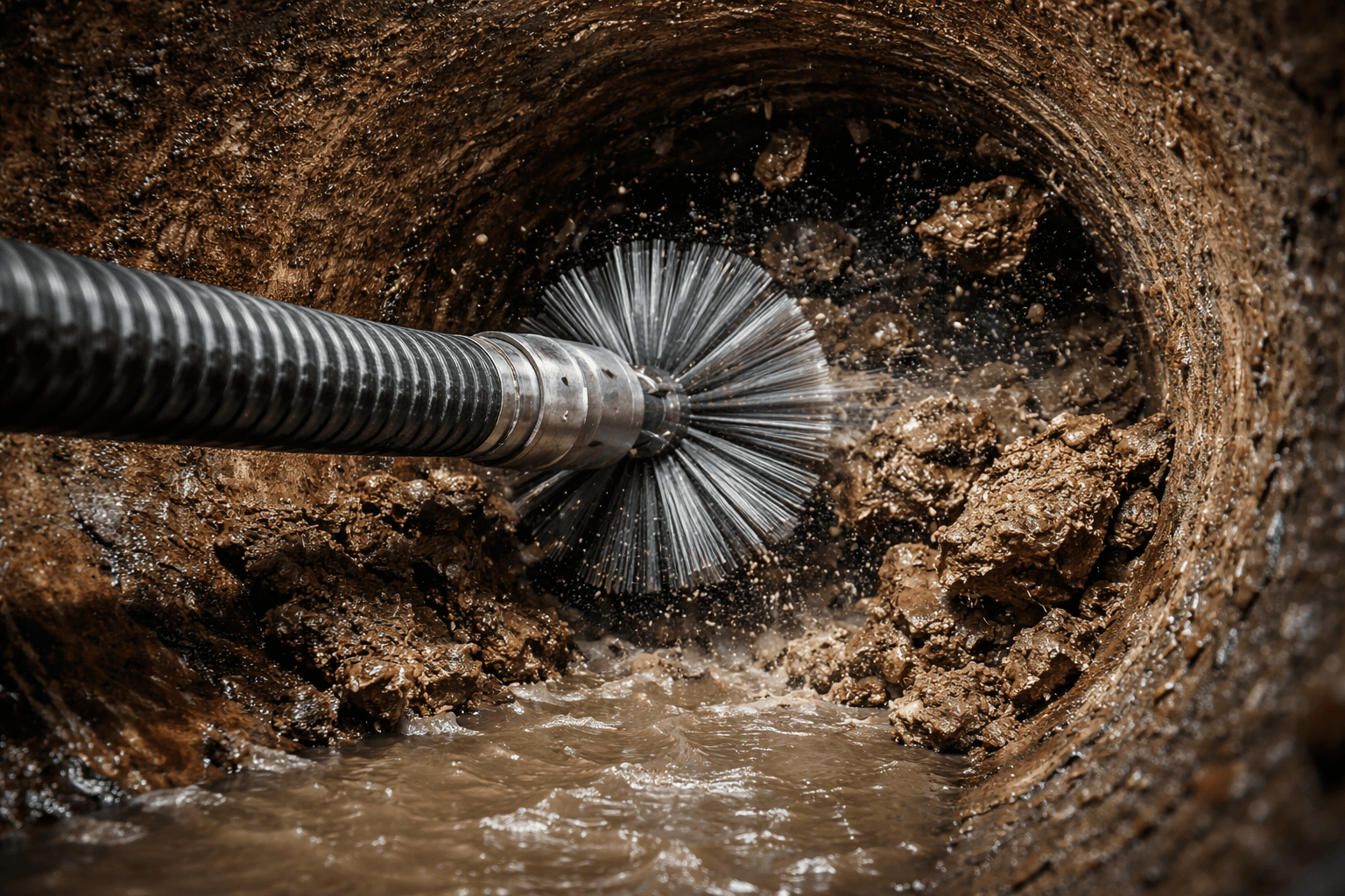 Sewer cleaning machine removing dirt and debris from a sewer pipe.
