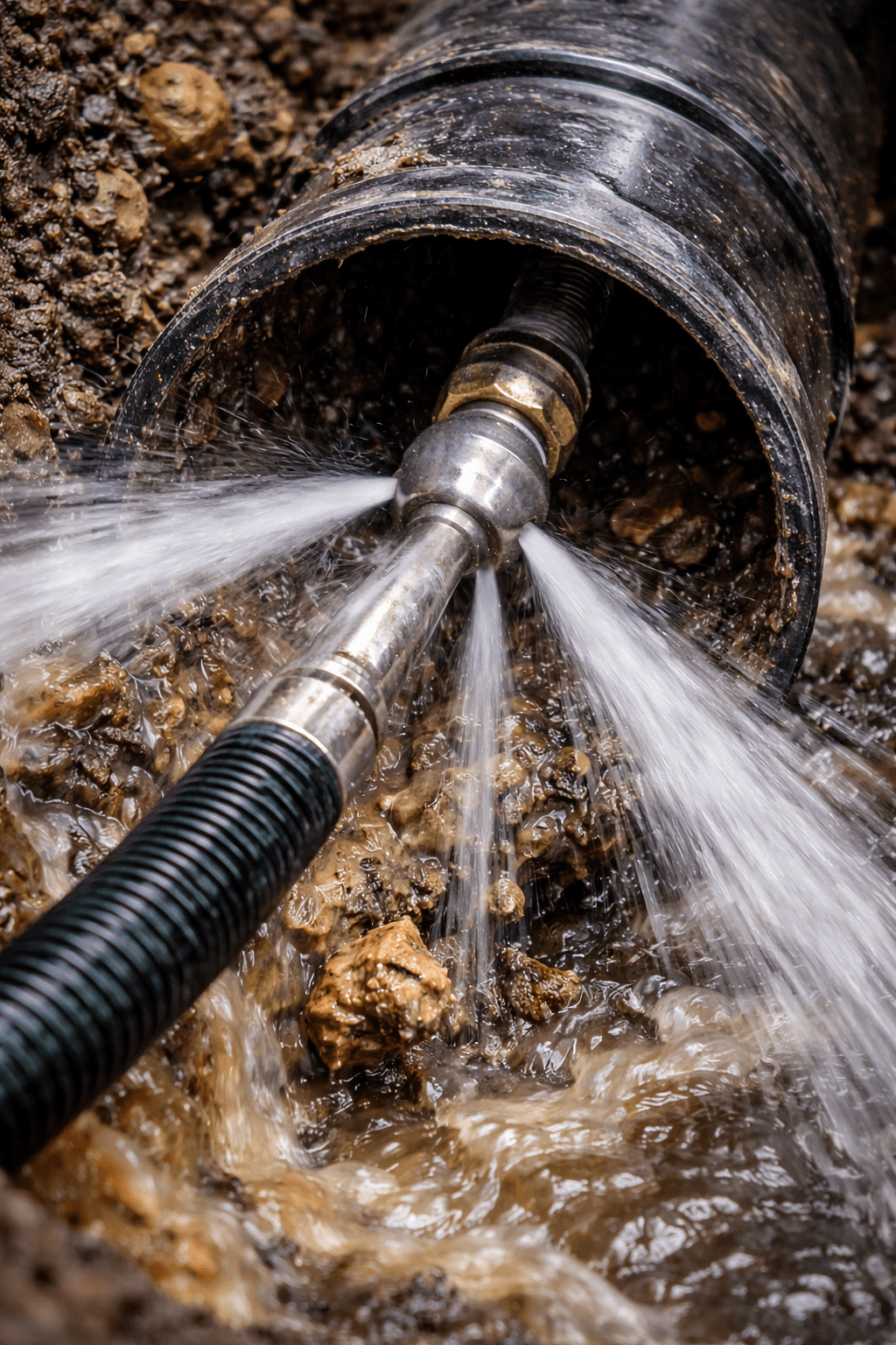 flushing high pressure flushing in action, showing water jets spraying out of a tube about to enter a pipe