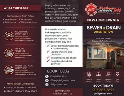 Tri-fold brochure for Phil Groves Sewer 911 promoting a “New Homeowner Sewer & Drain Orientation” service. The brochure outlines what’s included, such as sewer camera inspection, locating shutoffs and cleanouts, winter freeze risk checks, and neighbourhood risk overview. It emphasizes understanding home systems, preventing issues, and knowing what to watch for. Contact details and booking information are provided, along with branding and icons related to sewer and drain services.